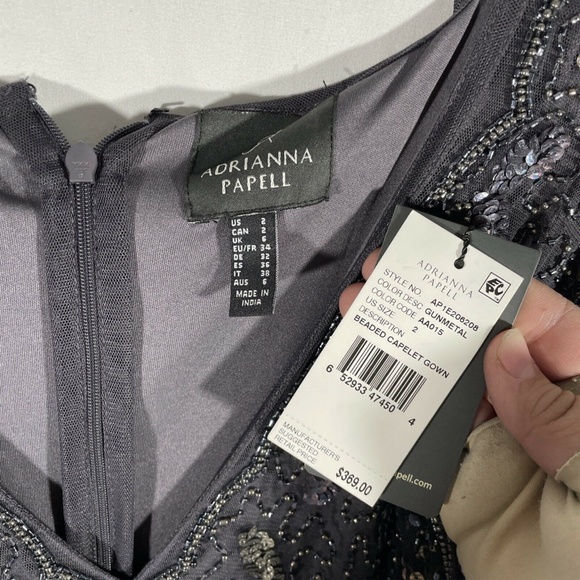 NWT Adrianna Papell Floral Beaded Mermaid‎ Capelet Gown in Gunmetal [SZ 2 ] - Picture 7 of 13